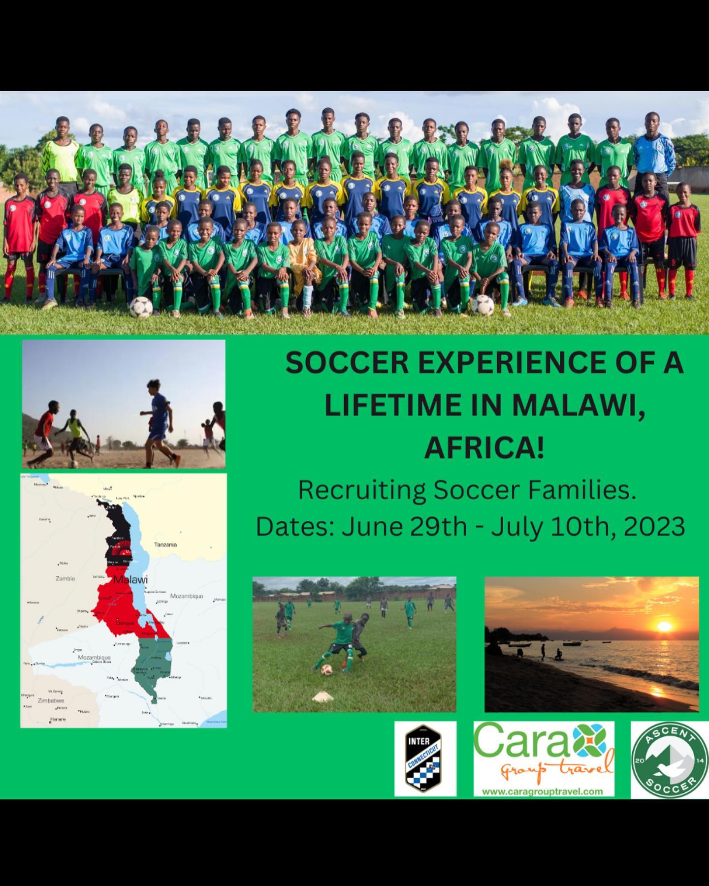 Love soccer Would you like to make a difference Join our once in a lifetime trip to Malawi Africa with Inter CTFC Visit the Ascent Soccer Academy which inspires and nurtures talented girls and boys in Southeast Africa to be brave to lead by example and to believe in their ability to transform themselves their communities and the world Check out our website httpscaragrouptravelcominterctfc malawi experience june 2023 or call us on 617 639 0273 interctfc ascentsoccer usyouthsoccer 