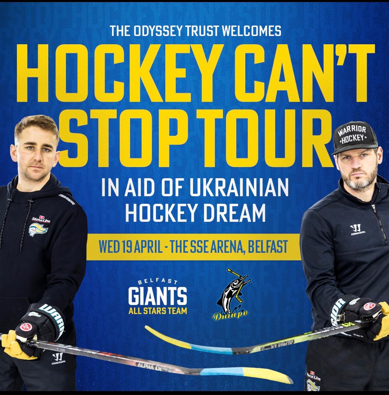 The tour will have belfastgiants all stars take on Ukrainian team Dnipro Kherson on 19 April If you would like to support go to httpswwwgofundmecomfhockey cant stop tour 🏒⛸️