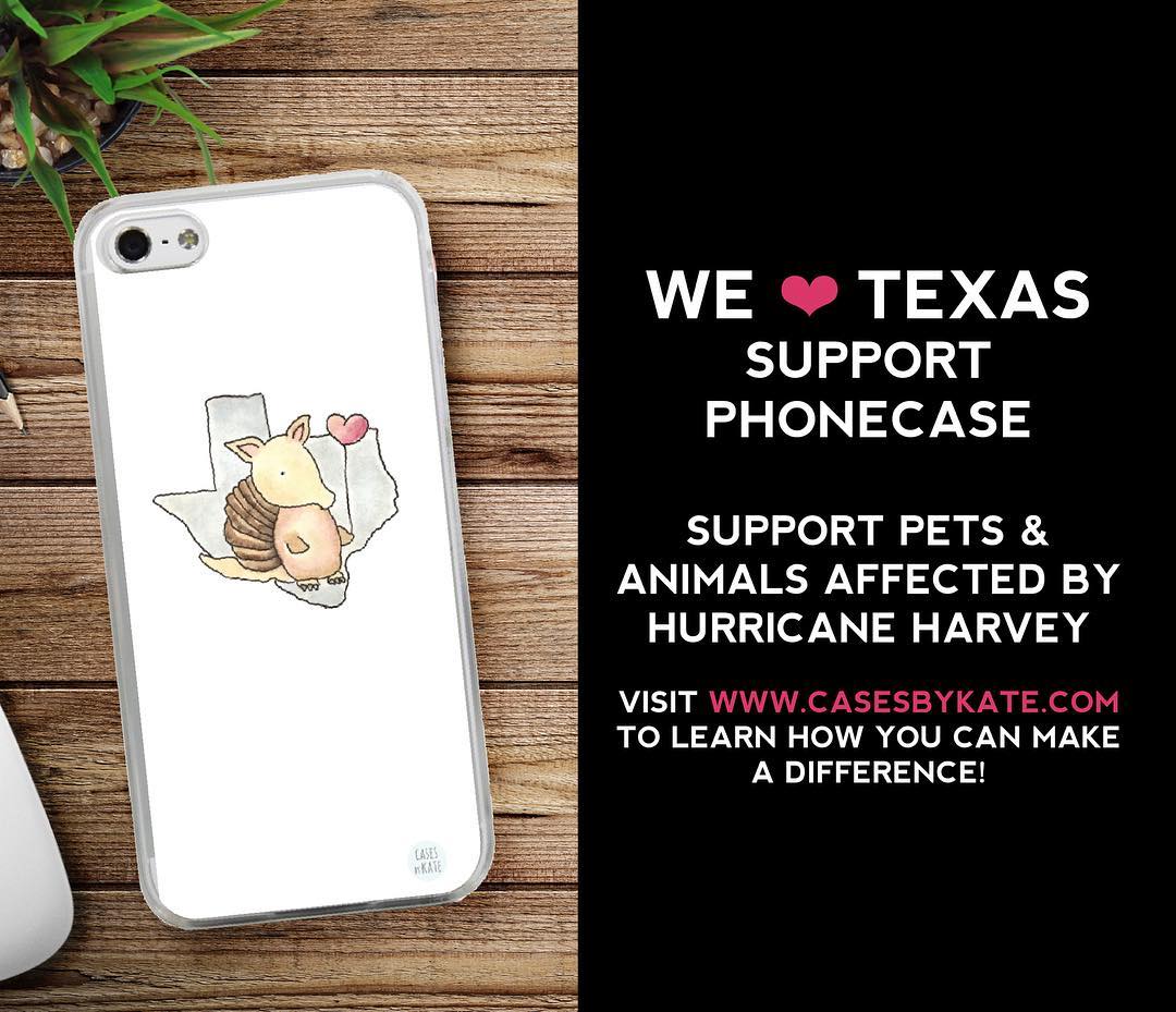 Hoping we can do our part to help with relief efforts for our 4-legged friends  affected by Hurricane Harvey. This hand drawn "We Heart Texas" design with an armadillo holding a ️ balloon is now available at WWW.CASESBYKATE.COM. 50% of the proceeds will be donated to the Harvey Disaster Animal Fund. Your purchase will make a difference! Details available on our website.